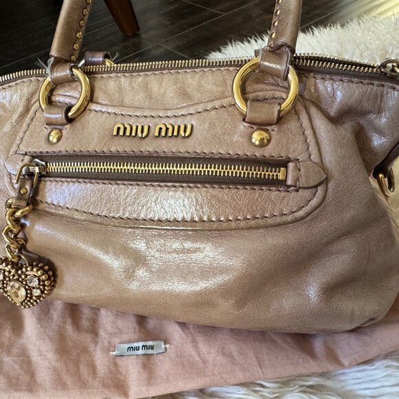 Vintage Miu Miu Distressed Leather Handbag with Swarovski Crystal Charm - Rare R - Picture 3 of 10